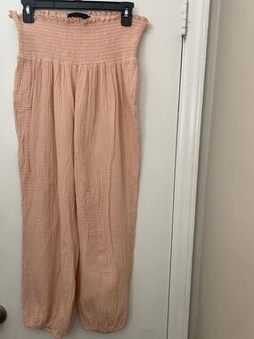 Hatch Light Peach Smocked Waist Pants Relaxed Fit Gauze Cotton